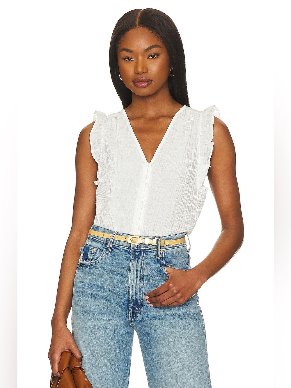 Steve Madden Loretta Textured V-Neck Button Front Flutter Sleeve Top